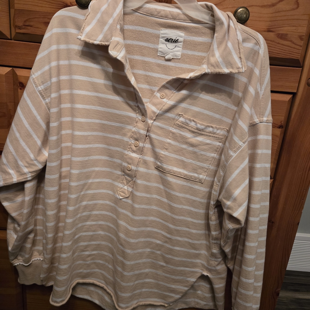 Aerie Cream and White Striped Pullover Xsmall